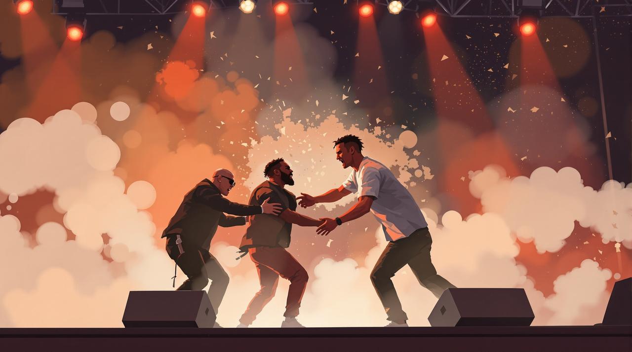 某音乐节现场突发打架事件，两位rapper台上互殴被保安架走